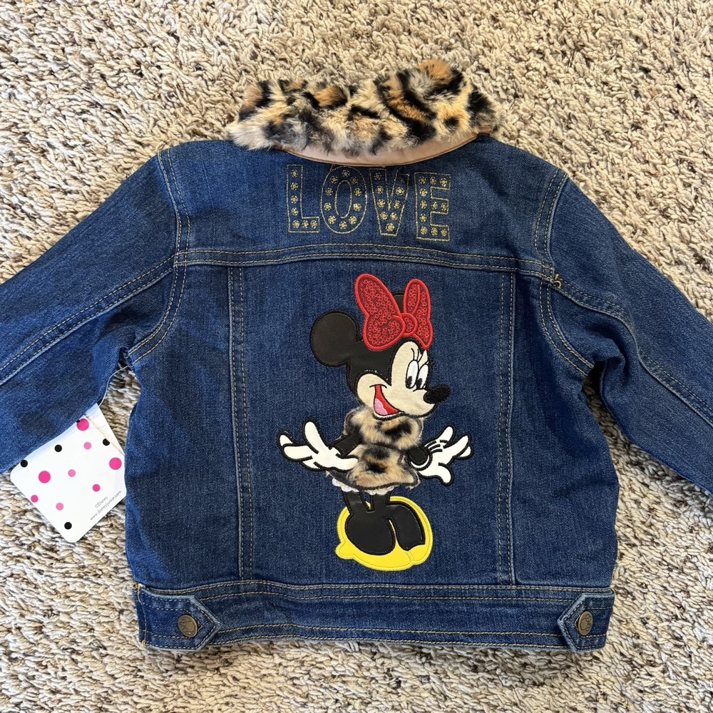 NWT Disney Minnie Mouse Denim Jacket Leopard Faux Fur Collar Girls 3T Cute